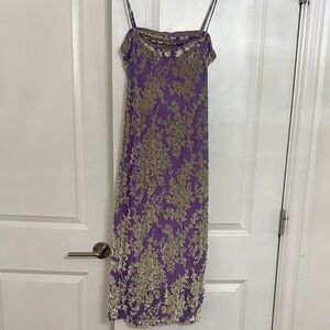 Floral Slip Dress in Purple and Gold/Silver Velvet